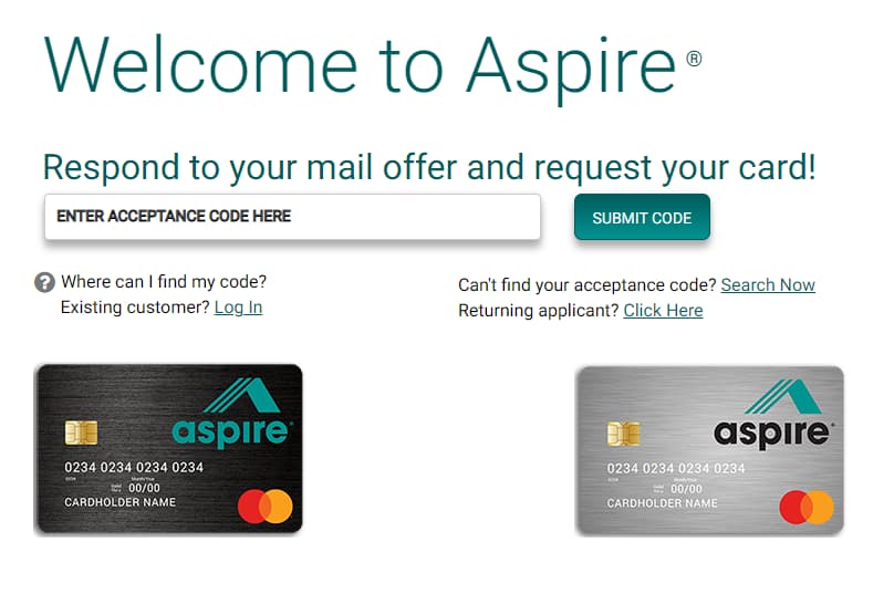 www.AspireCreditCard.com Acceptance Code