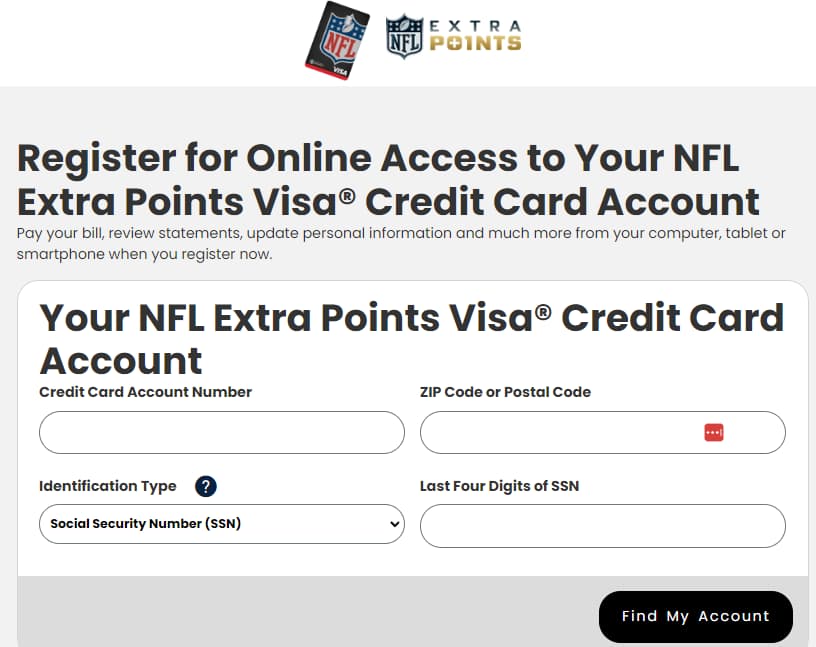 Register for Online Access to Your NFL Extra Points Visa Credit Card Account